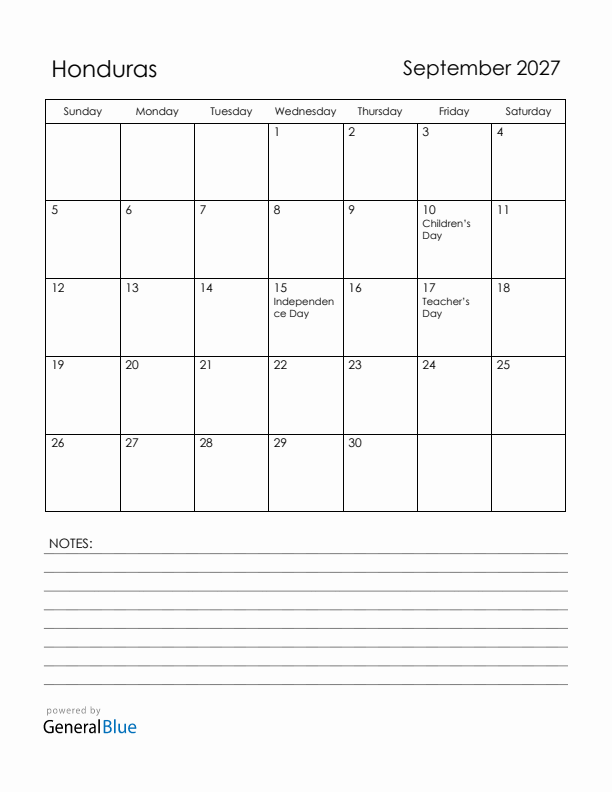September 2027 Honduras Calendar with Holidays (Sunday Start)