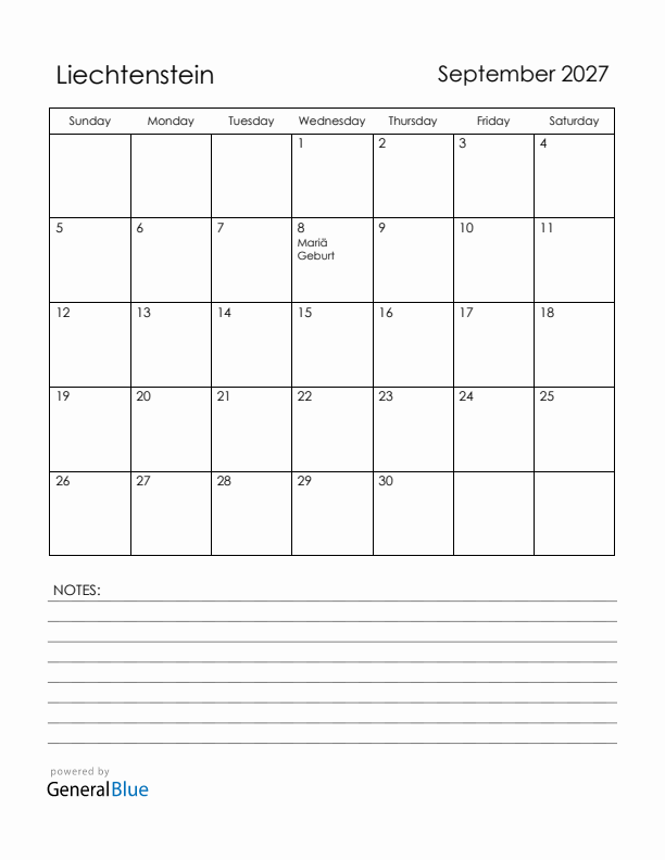 September 2027 Liechtenstein Calendar with Holidays (Sunday Start)