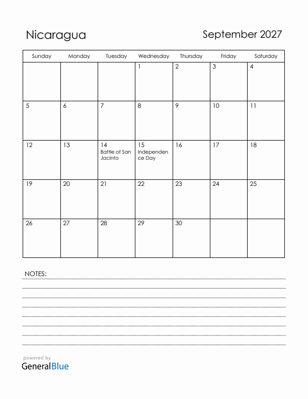 September 2027 Nicaragua Calendar with Holidays (Sunday Start)