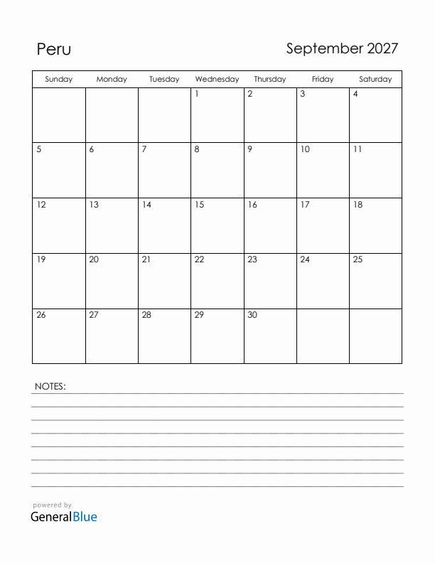 September 2027 Peru Calendar with Holidays (Sunday Start)