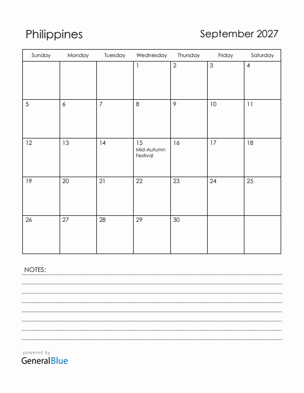 September 2027 Philippines Calendar with Holidays (Sunday Start)