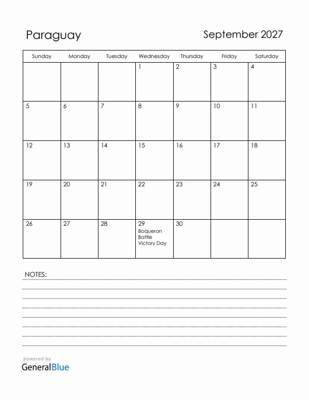 September 2027 Paraguay Calendar with Holidays (Sunday Start)