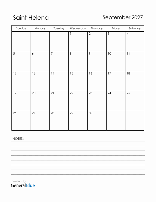 September 2027 Saint Helena Calendar with Holidays (Sunday Start)