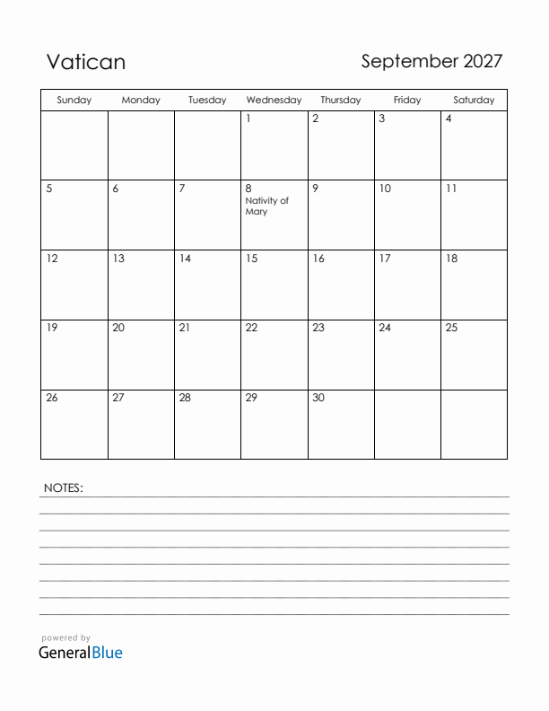 September 2027 Vatican Calendar with Holidays (Sunday Start)