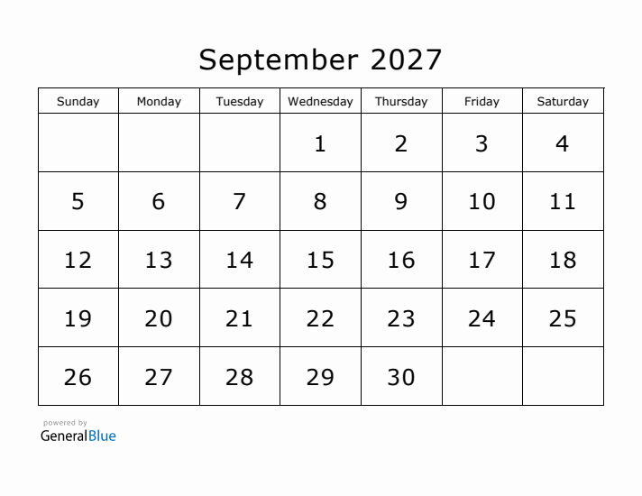 Printable September 2027 Calendar - Sunday Start