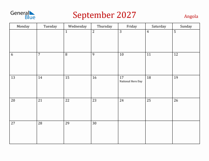 Angola September 2027 Calendar - Monday Start
