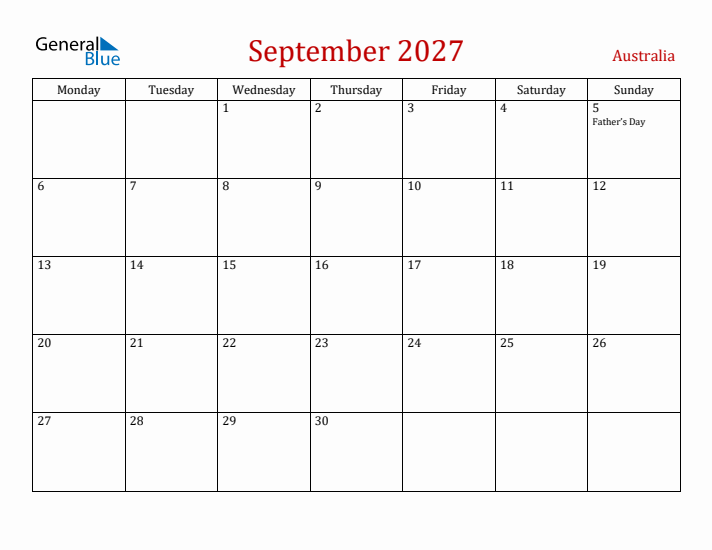 Australia September 2027 Calendar - Monday Start