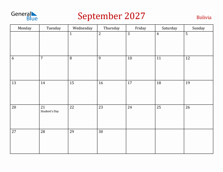 Bolivia September 2027 Calendar - Monday Start