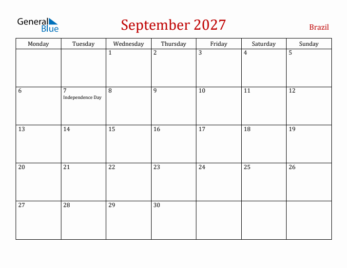 Brazil September 2027 Calendar - Monday Start
