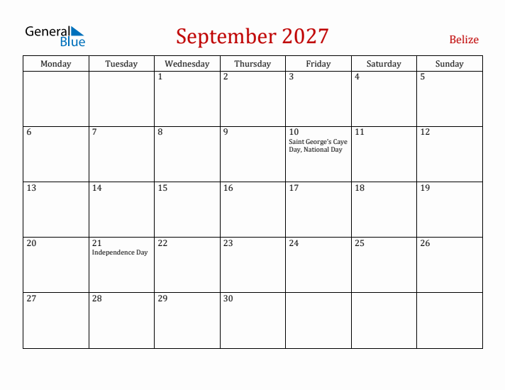Belize September 2027 Calendar - Monday Start