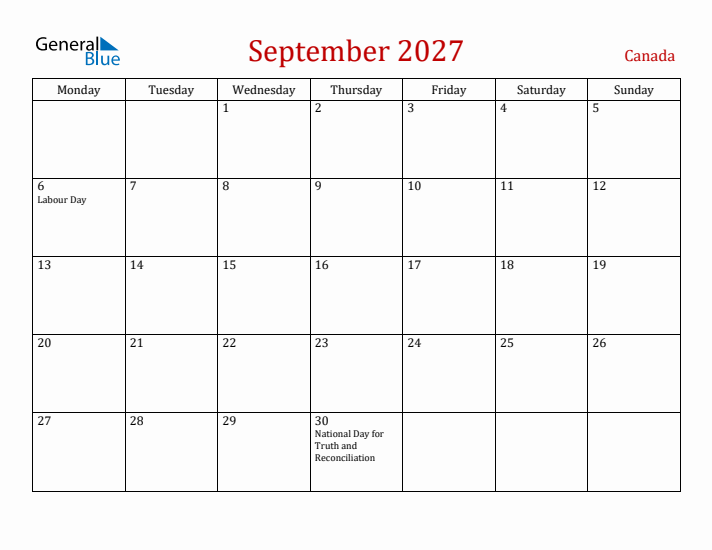 Canada September 2027 Calendar - Monday Start