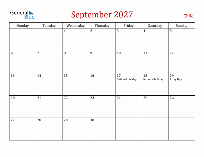 Chile September 2027 Calendar - Monday Start