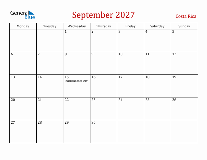 Costa Rica September 2027 Calendar - Monday Start