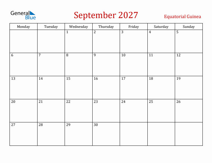 Equatorial Guinea September 2027 Calendar - Monday Start