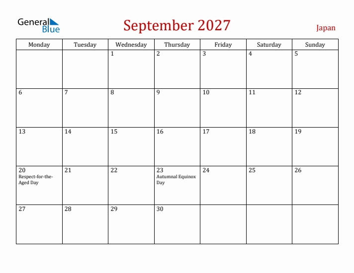 Japan September 2027 Calendar - Monday Start
