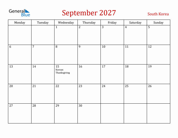 South Korea September 2027 Calendar - Monday Start