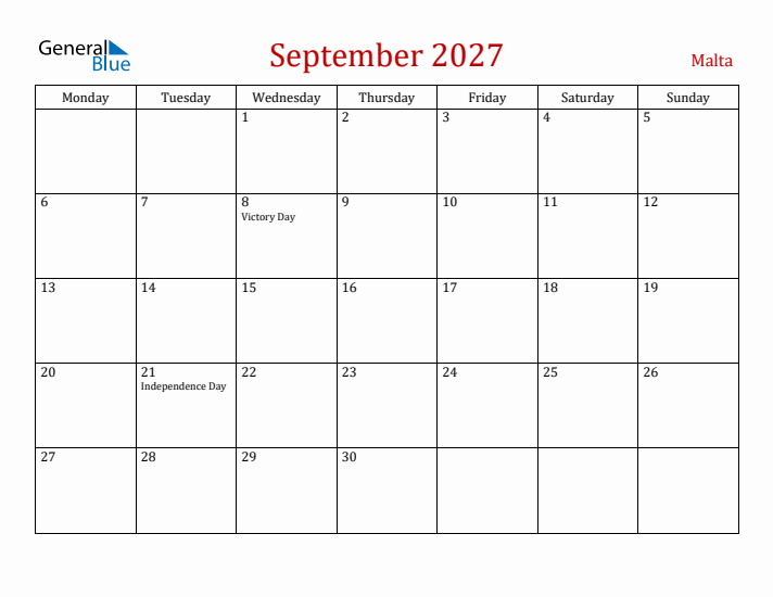 Malta September 2027 Calendar - Monday Start
