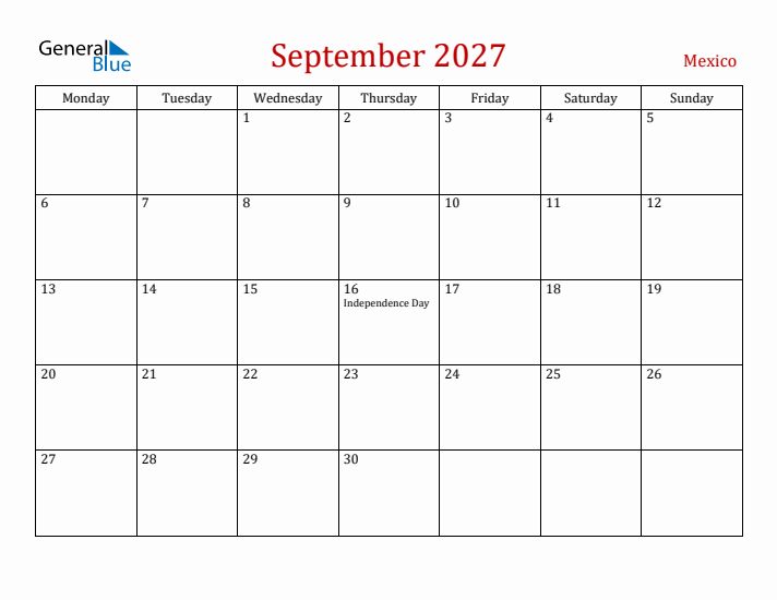 Mexico September 2027 Calendar - Monday Start