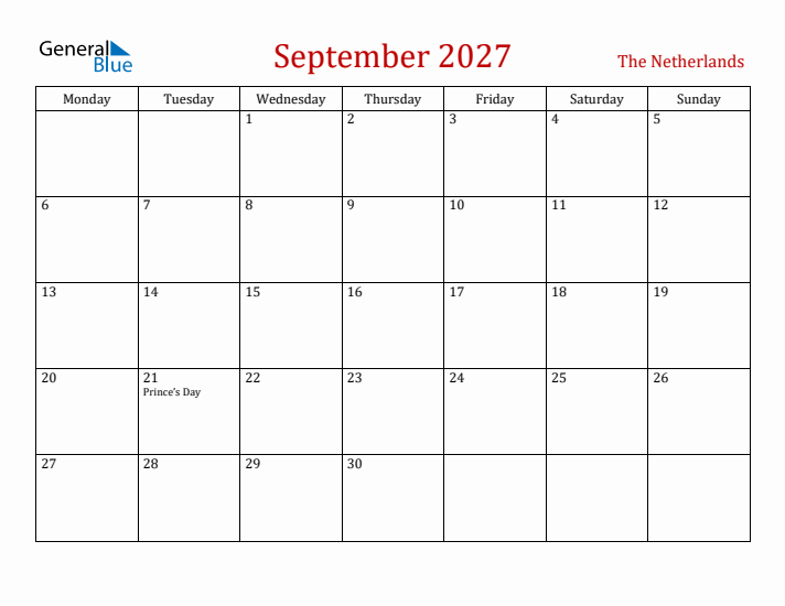 The Netherlands September 2027 Calendar - Monday Start