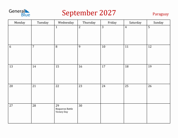 Paraguay September 2027 Calendar - Monday Start