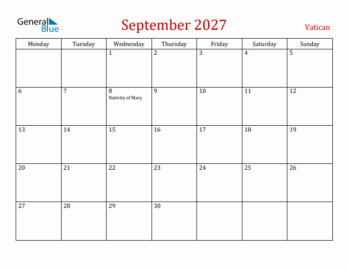 Vatican September 2027 Calendar - Monday Start