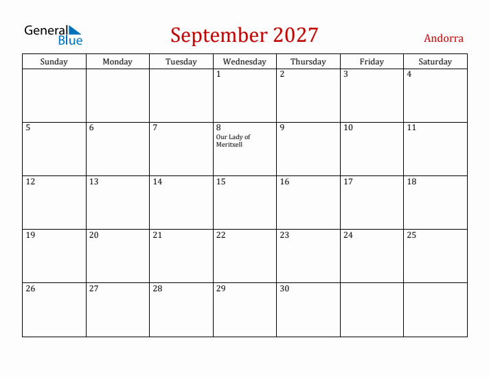 Andorra September 2027 Calendar - Sunday Start