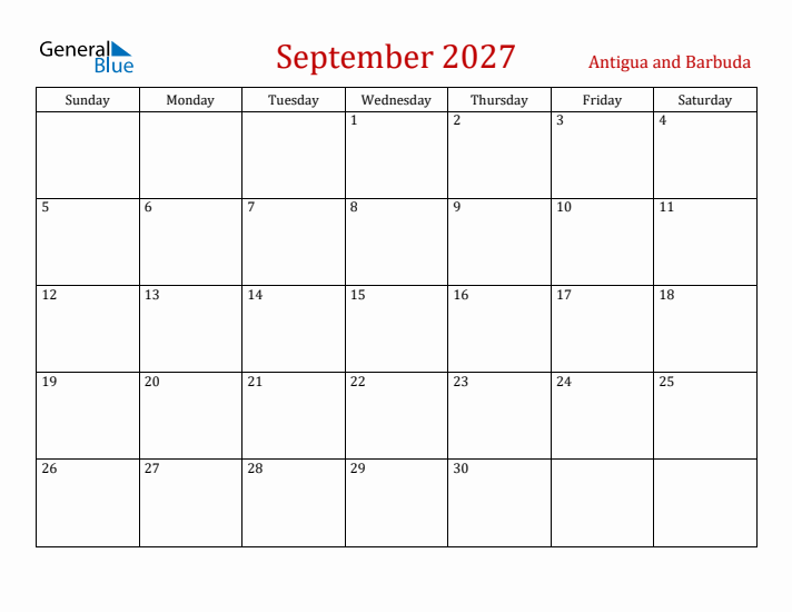 Antigua and Barbuda September 2027 Calendar - Sunday Start