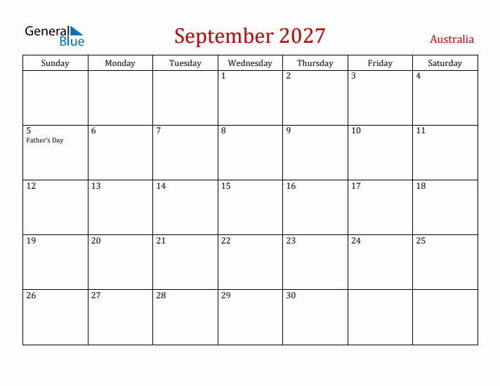 Australia September 2027 Calendar - Sunday Start