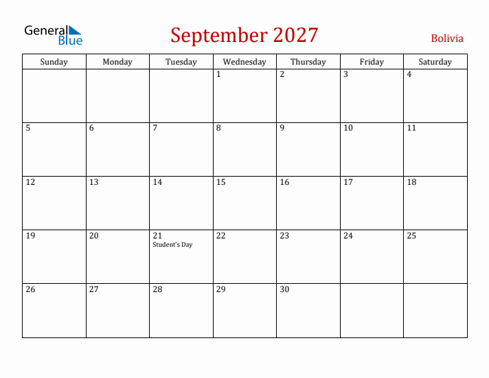 Bolivia September 2027 Calendar - Sunday Start
