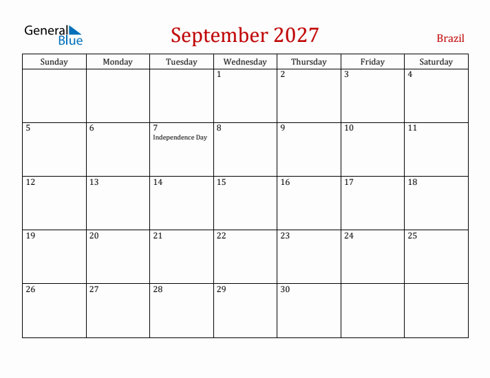 Brazil September 2027 Calendar - Sunday Start