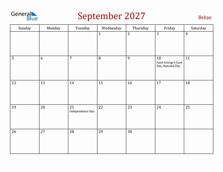 Belize September 2027 Calendar - Sunday Start