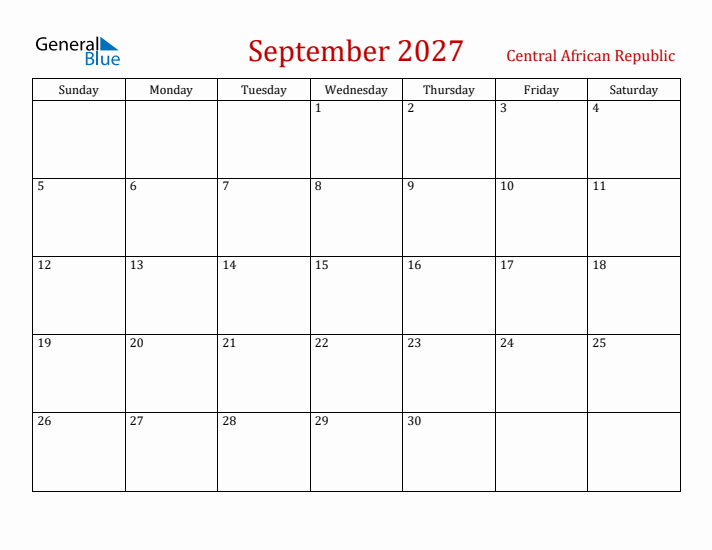 Central African Republic September 2027 Calendar - Sunday Start