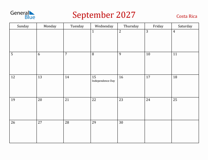 Costa Rica September 2027 Calendar - Sunday Start