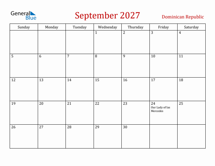 Dominican Republic September 2027 Calendar - Sunday Start