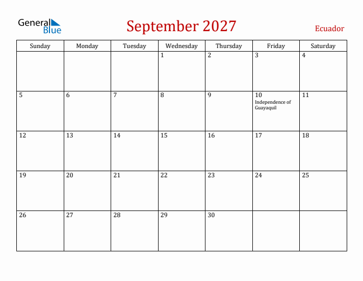 Ecuador September 2027 Calendar - Sunday Start