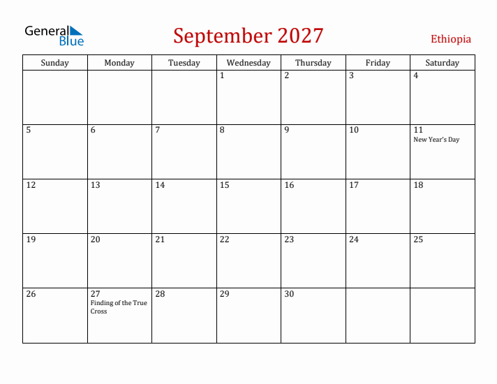 Ethiopia September 2027 Calendar - Sunday Start
