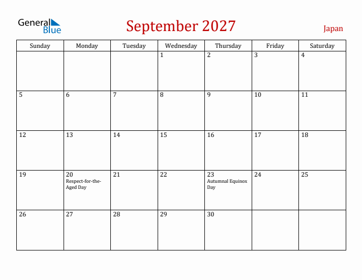 Japan September 2027 Calendar - Sunday Start