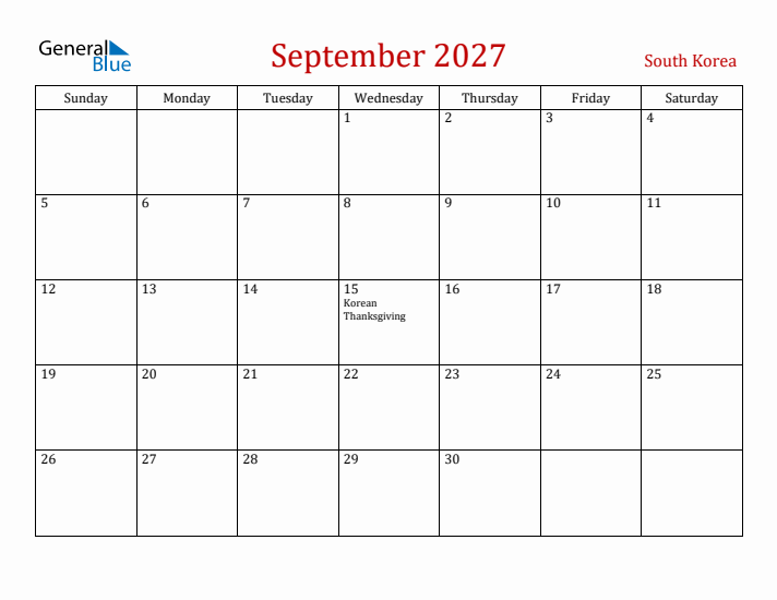 South Korea September 2027 Calendar - Sunday Start