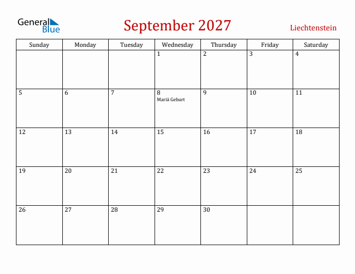 Liechtenstein September 2027 Calendar - Sunday Start