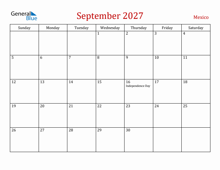 Mexico September 2027 Calendar - Sunday Start