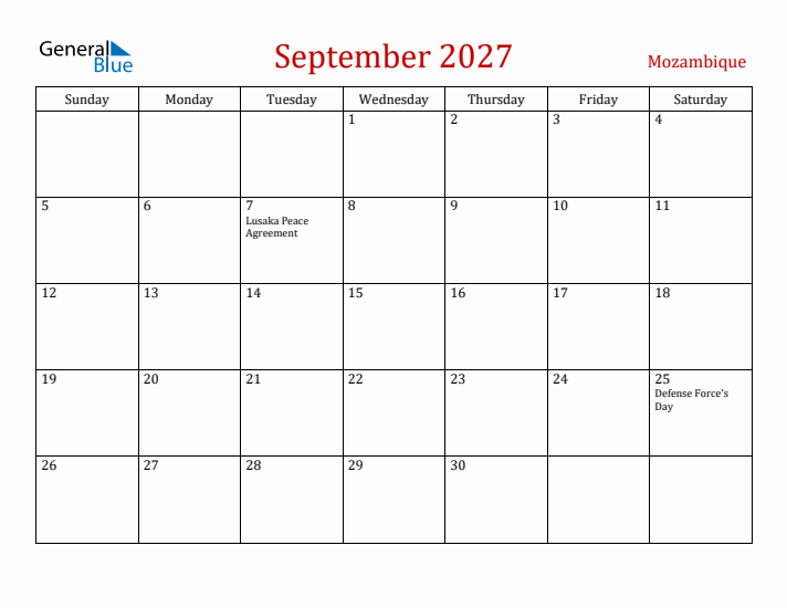 Mozambique September 2027 Calendar - Sunday Start