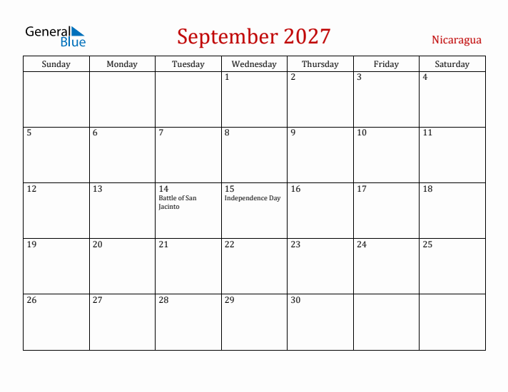 Nicaragua September 2027 Calendar - Sunday Start