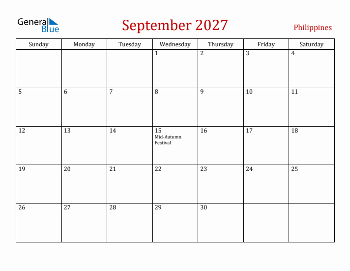 Philippines September 2027 Calendar - Sunday Start