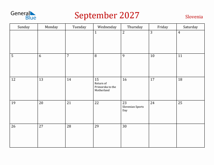 Slovenia September 2027 Calendar - Sunday Start