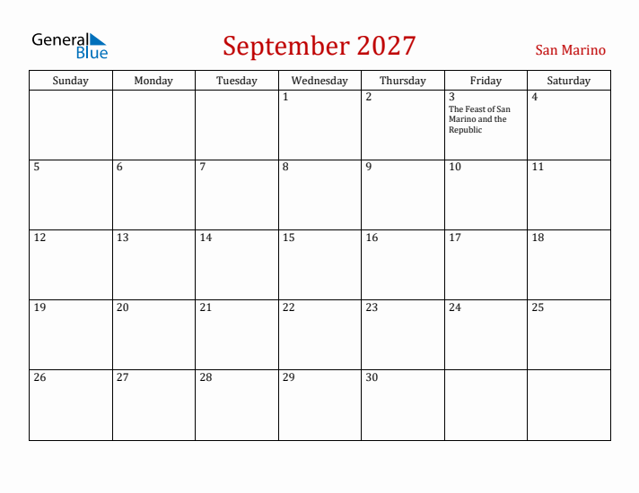 San Marino September 2027 Calendar - Sunday Start