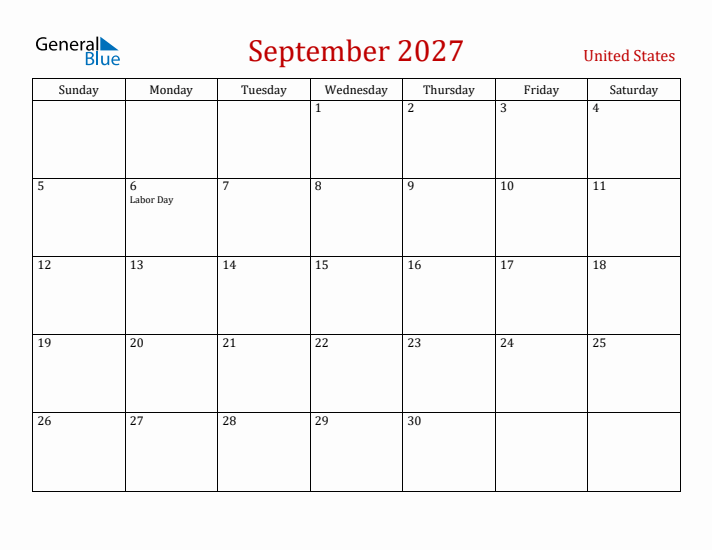 United States September 2027 Calendar - Sunday Start