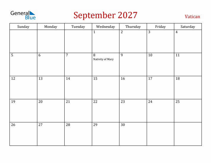 Vatican September 2027 Calendar - Sunday Start