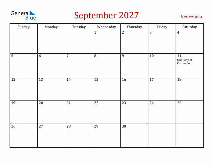 Venezuela September 2027 Calendar - Sunday Start