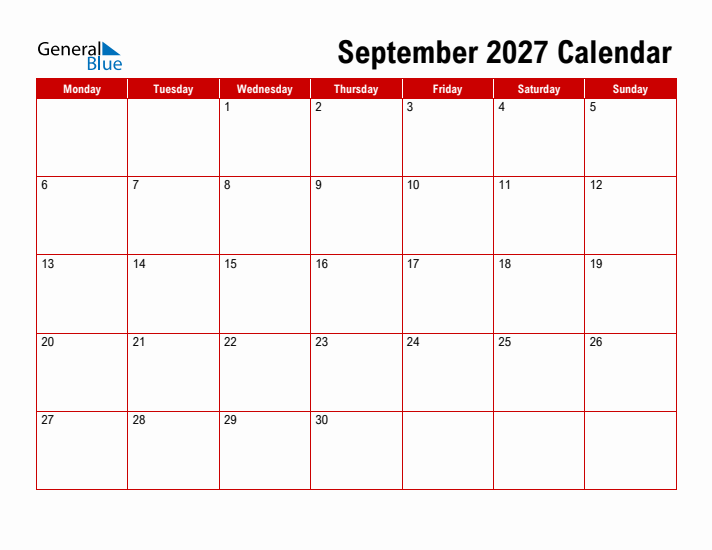 Simple Monthly Calendar - September 2027