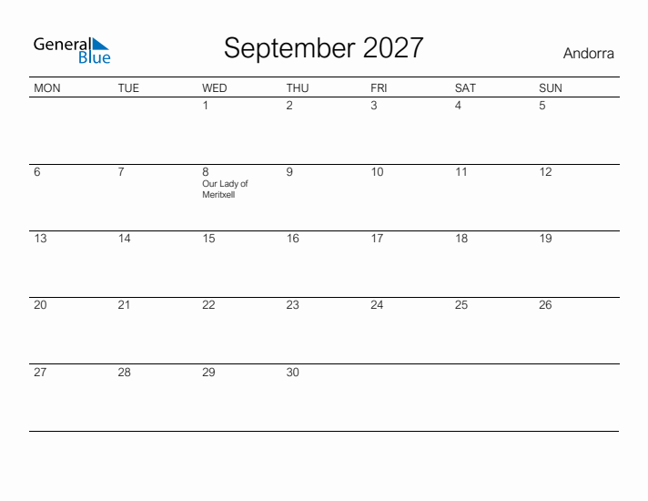 Printable September 2027 Calendar for Andorra